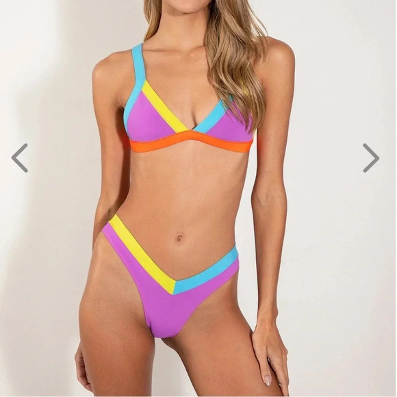 NWT OneOne Swimwear Bikini SET Sunrise Purple Blue Neon Jesse Kameron Small NEW - Picture 2 of 5
